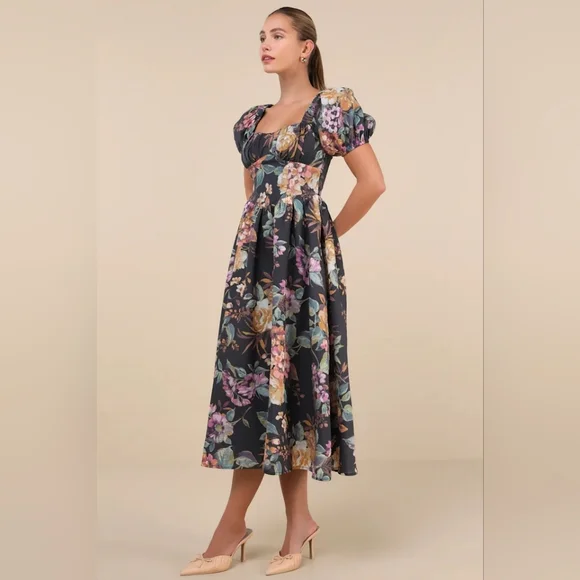 Lulus Adorable Tendencies Dark Grey Floral Puff Sleeve Midi Dress XXL Wedding - Picture 3 of 10